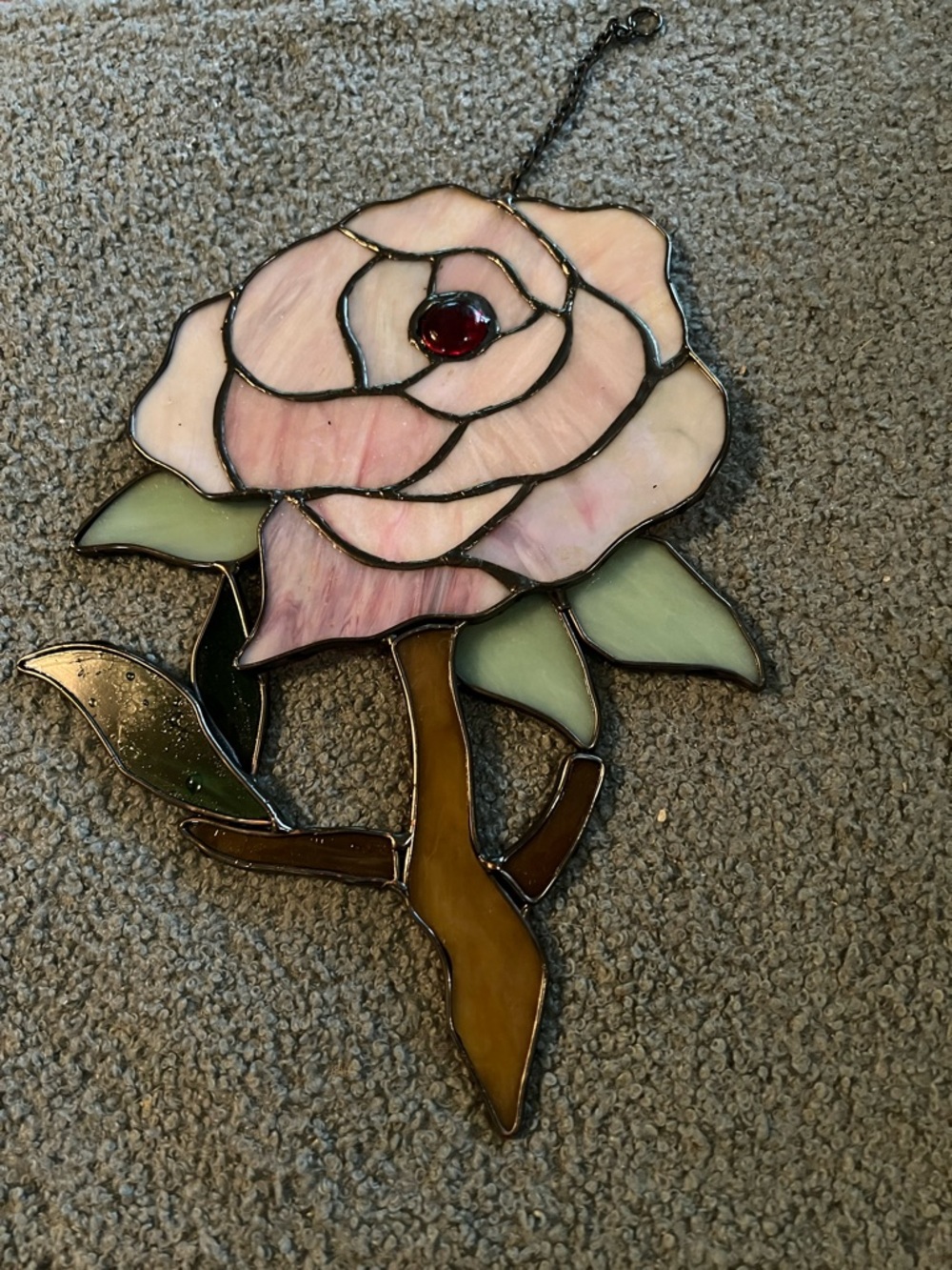 Vintage Lg Handmade Stained Glass Pink Rose Suncatcher - Decorative Home Art